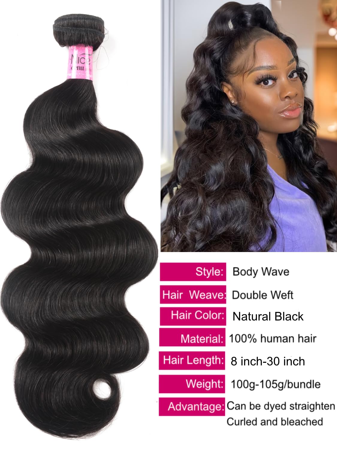 UNICE 100% Unprocessed Virgin Malaysian Body Wave Human Hair Weave - 3 Bundles (14/16/18 Inches) | Natural Color Sew-In Hair Extensions for Styling & Volume | Perfect for Daily Wear, Parties & Special Occasions