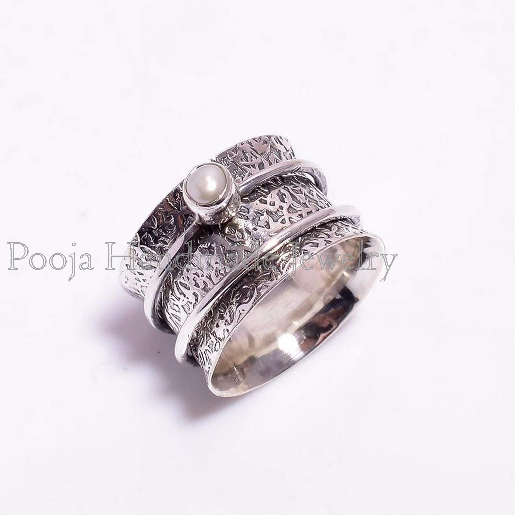Handmade Genuine Pearl Spinner Ring for Women - Sterling Silver & Gold Mix Metal Fidget Jewelry with Gemstones | Stress Relief, Meditation, Gift for Girlfriend, Wife, Sister | Elegant Boho Fashion Accessory