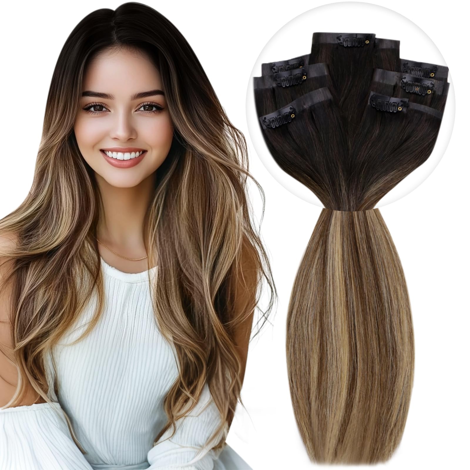 Vivien Clip-in Human Hair Extensions 22 Inch - Balayage Brown Ombre Long Straight Hair - 7pcs 135g Seamless Soft PU Weft for Natural Volume & Length | Perfect for Parties, Weddings & Daily Styling