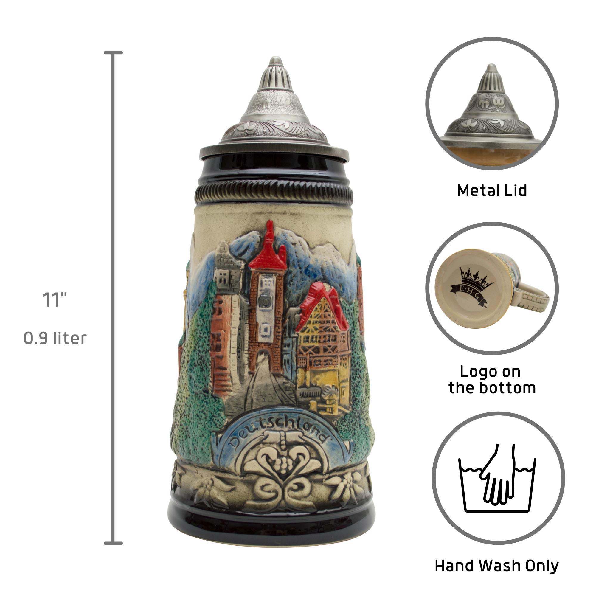 Authentic German Beer Stein 0.90 Liter - OktoberfestHaus Tankard with Alps Mountain Village & Castle Design, Lid Included | Perfect Gift for Beer Lovers, Oktoberfest Parties & Home Bar Decor | Durable Beer Mug for Men & Collectors