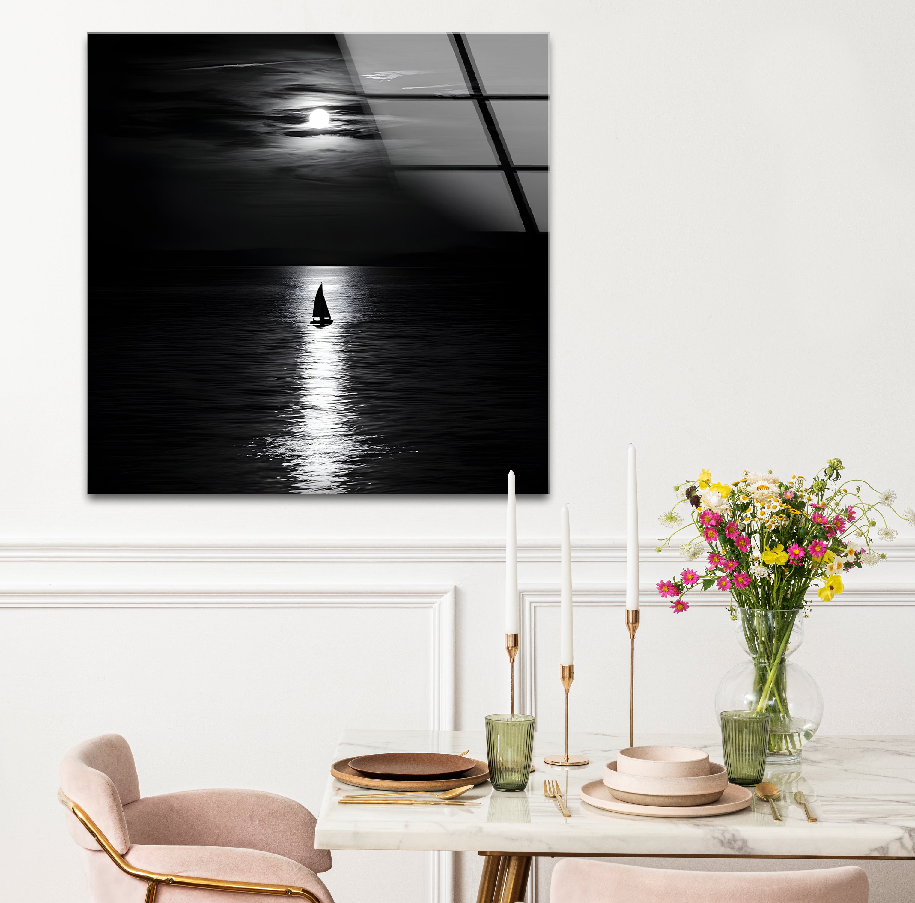 Black and White Moonlight Landscape Glass Wall Art - Elegant Home Decor for Living Room, Bedroom & Office - Perfect Gift for Housewarming & Holidays