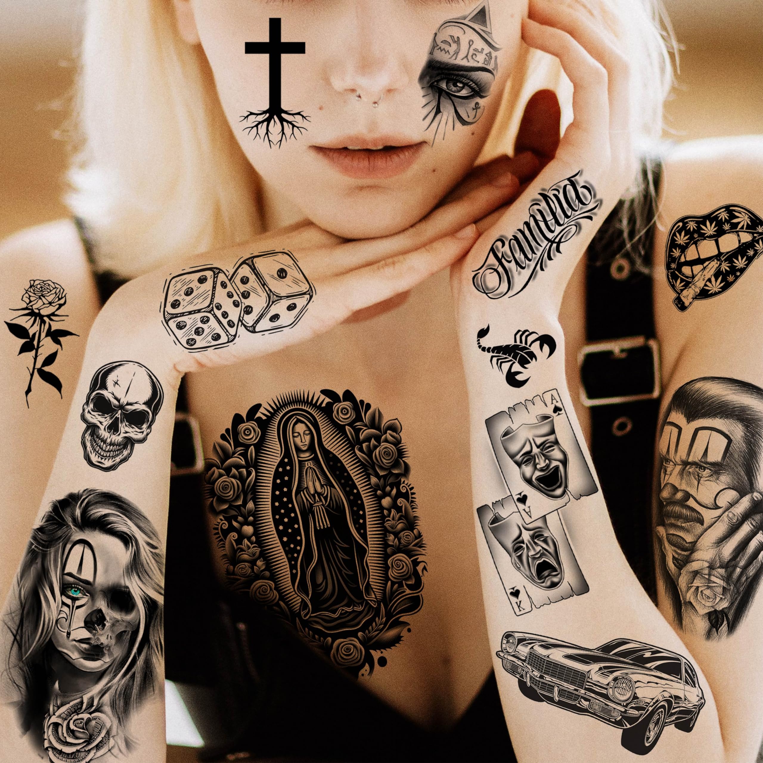 6 Sheets Chicano Temporary Tattoos for Women & Men - Black Guadalupe Fake Tattoo Stickers - Halloween Face Makeup Kit - Gangster Payasa Prison Familia Joker Design - Perfect for Halloween Costumes, Parties, and Themed Events