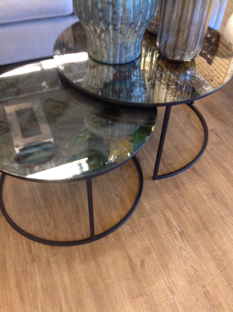 Vintage Metal Aged Mirror Nesting Coffee Table Set of 2 - Perfect for Living Room, Lounge & Modern Home Decor