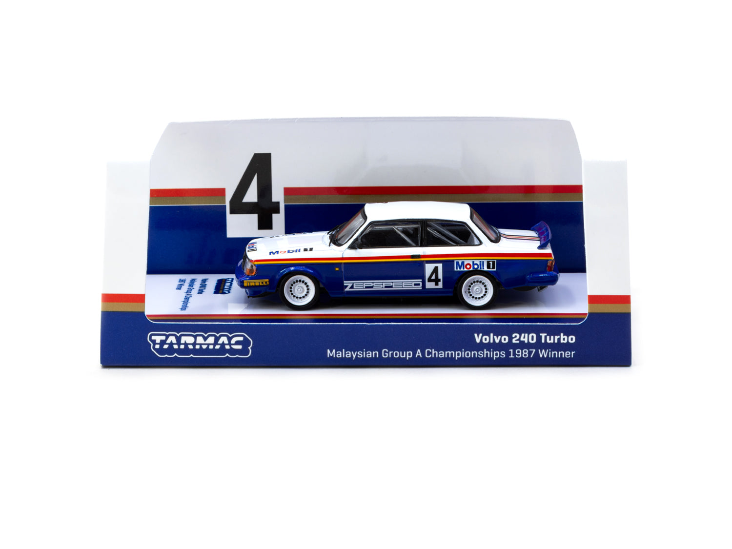 Tarmac Works 1/64 Scale Volvo 240 Turbo Diecast Model Car - 1987 Malaysian Group A Championships Winner #04 - Collectible Miniature Vehicle for Display & Racing Scenes