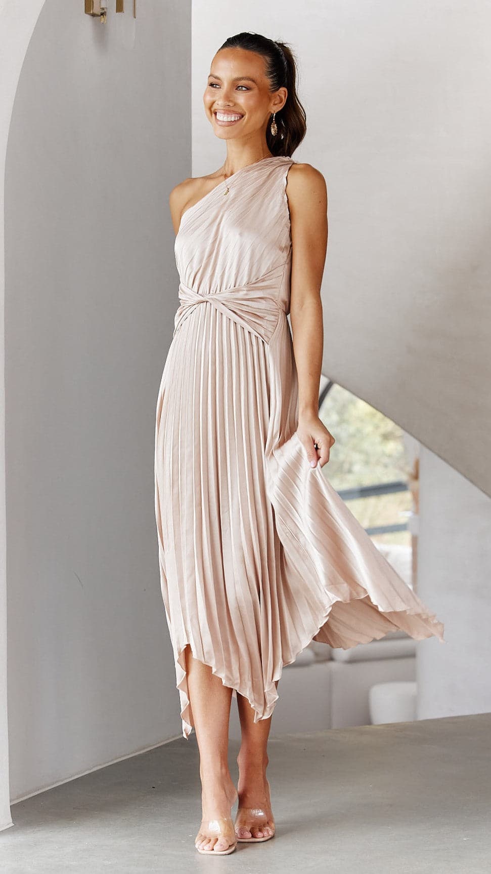 Elegant One Shoulder Midi Dress in Champagne - Perfect for Cocktail Parties, Weddings & Evening Events