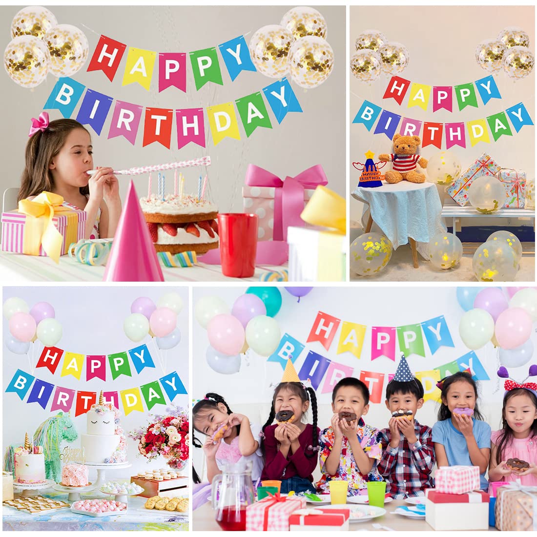 Vibrant Happy Birthday Banner & 6pcs Gold Glitter Confetti Balloons - Premium Birthday Party Decorations for Indoor/Outdoor Celebrations, Baby Showers & Anniversary Parties