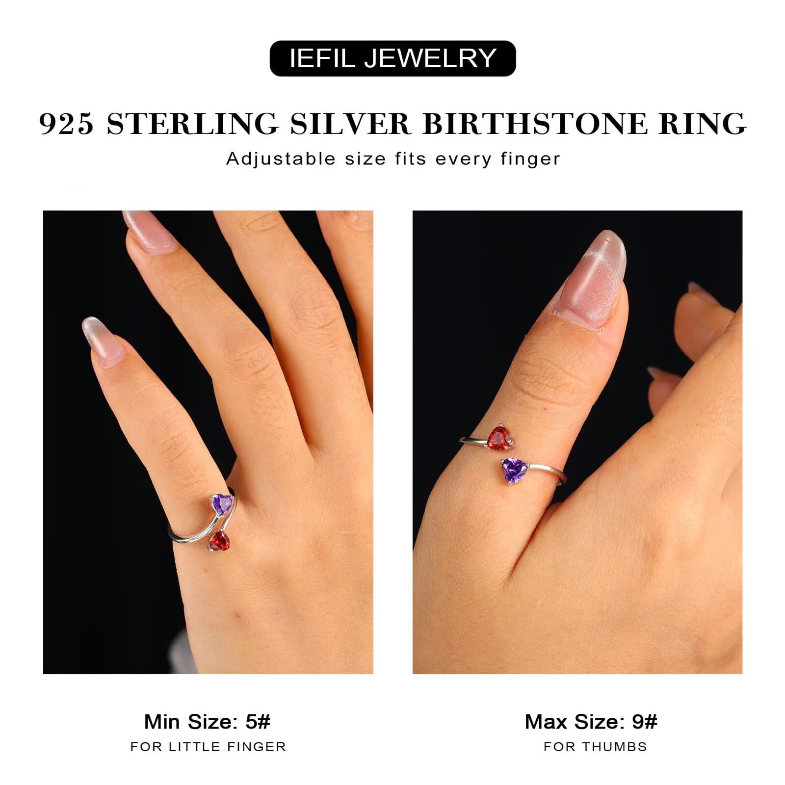 Iefil Adjustable Birthstone Rings for Women - 925 Sterling Silver Double Birthstone Rings, Anniversary Birthday Gifts for Women, Personalized Jewelry Gifts for Wife Mom Girlfriend - Perfect for Valentine's Day, Mother's Day, and Special Occasions