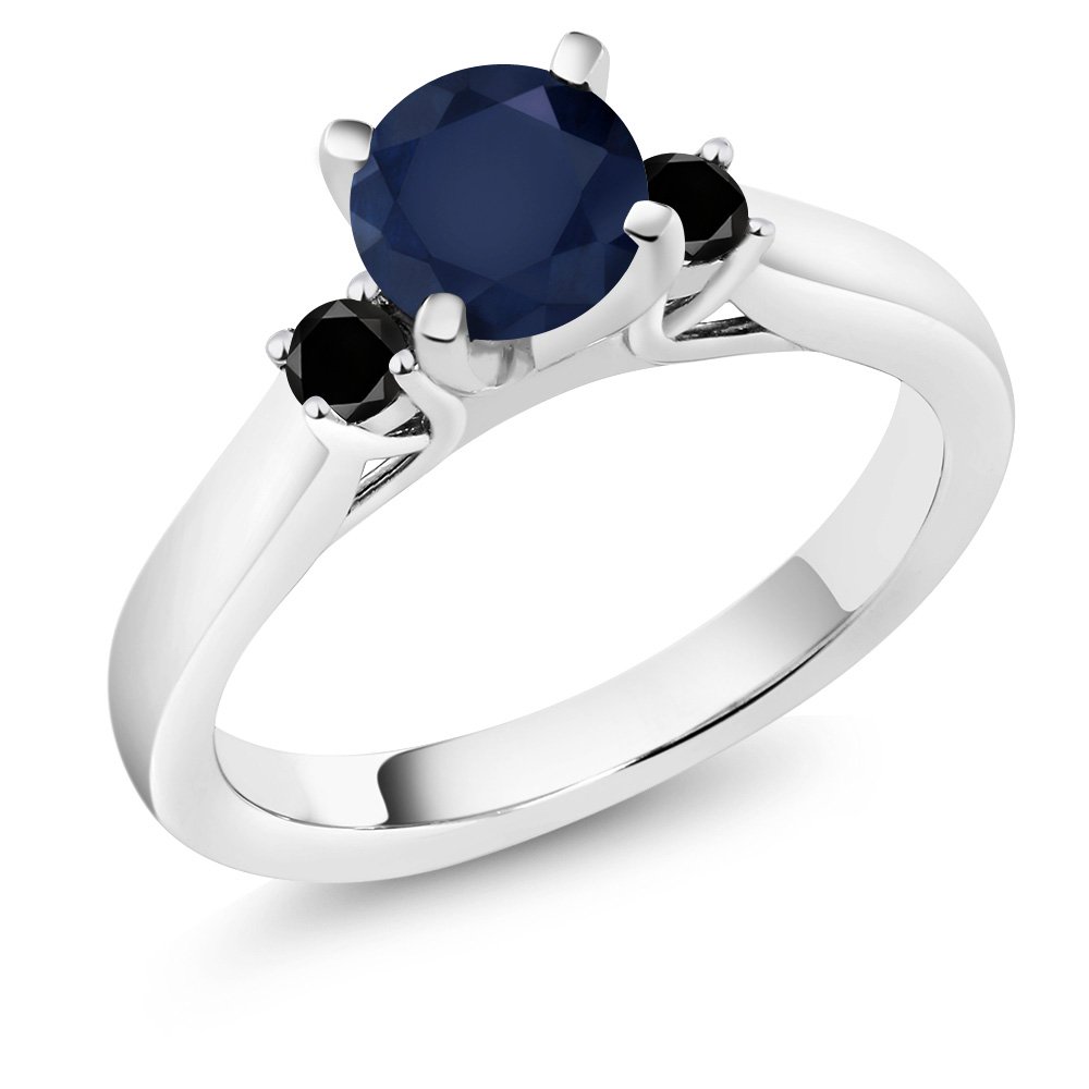 1.20 Ct Round Blue Sapphire & Black Diamond 925 Sterling Silver 3-Stone Engagement Ring for Women - Gem Stone King | Perfect for Proposals, Anniversaries & Special Occasions