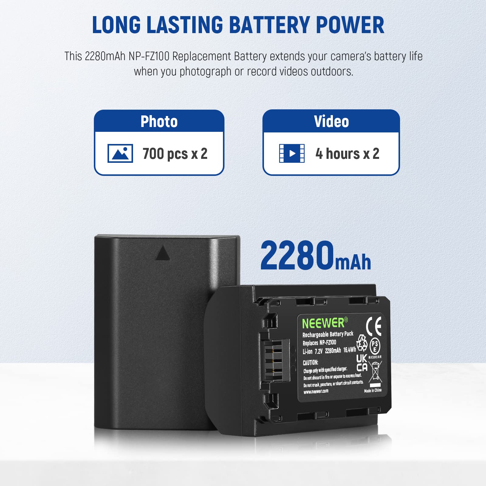 NEEWER 2280mAh NP-FZ100 Replacement Battery & Dual USB Charger Kit - 2 Batteries + Charging Case for Sony A1, A9 II, A7R V, A7R IV, A7S III, A7 IV, A6600, A7C - Perfect for Travel, Vlogging & Professional Photography