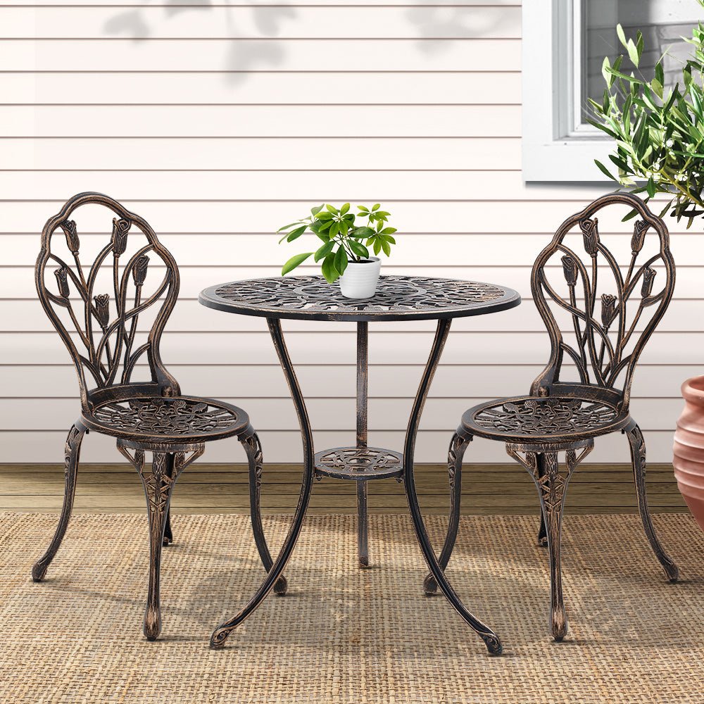 3-Piece Outdoor Bistro Set with Cast Aluminum Chairs & Table - Bronze Tulip Design - Perfect for Patio, Garden, and Balcony Dining