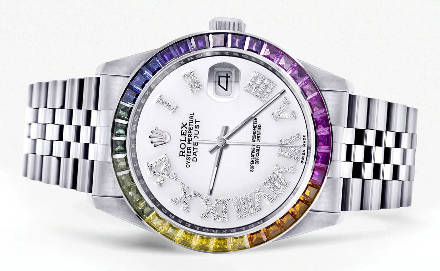 Luxury Diamond Gold Rolex Watch For Men 16200 | 36mm Rainbow Sapphire Bezel | White Roman Numeral Dial | Jubilee Bracelet | Perfect for Gifts, Weddings & Special Occasions