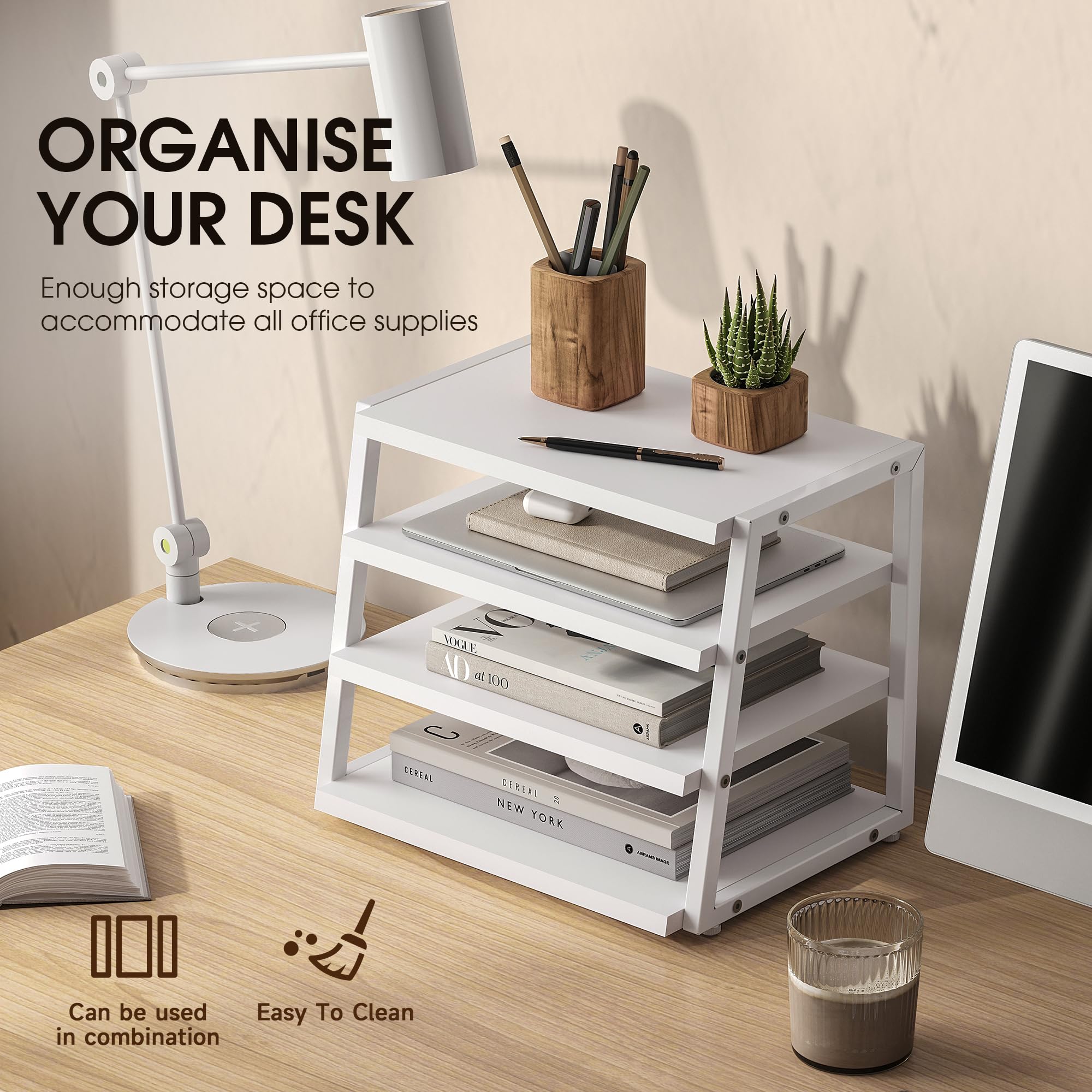 4 Tier Wood and Metal Desk Shelf Organizer - Corner File Holder for Office Supplies, Top of Desk Storage Accessories - Perfect for Home Office, Study, and Workspace Organization