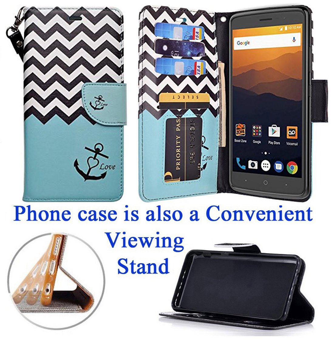 ZTE Blade Max 3 Hybrid Wallet Case with Kickstand, Card Pocket, and Grip – Blue Love Anchor Design – Perfect for Work, Travel, and Everyday Use