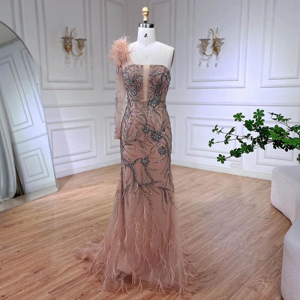 Luxury Dubai Nude One Shoulder Beaded Feather Mermaid Evening Dress for Women - Elegant Wedding Party Gown LA72508 | Perfect for Red Carpet Events, Galas & Formal Occasions