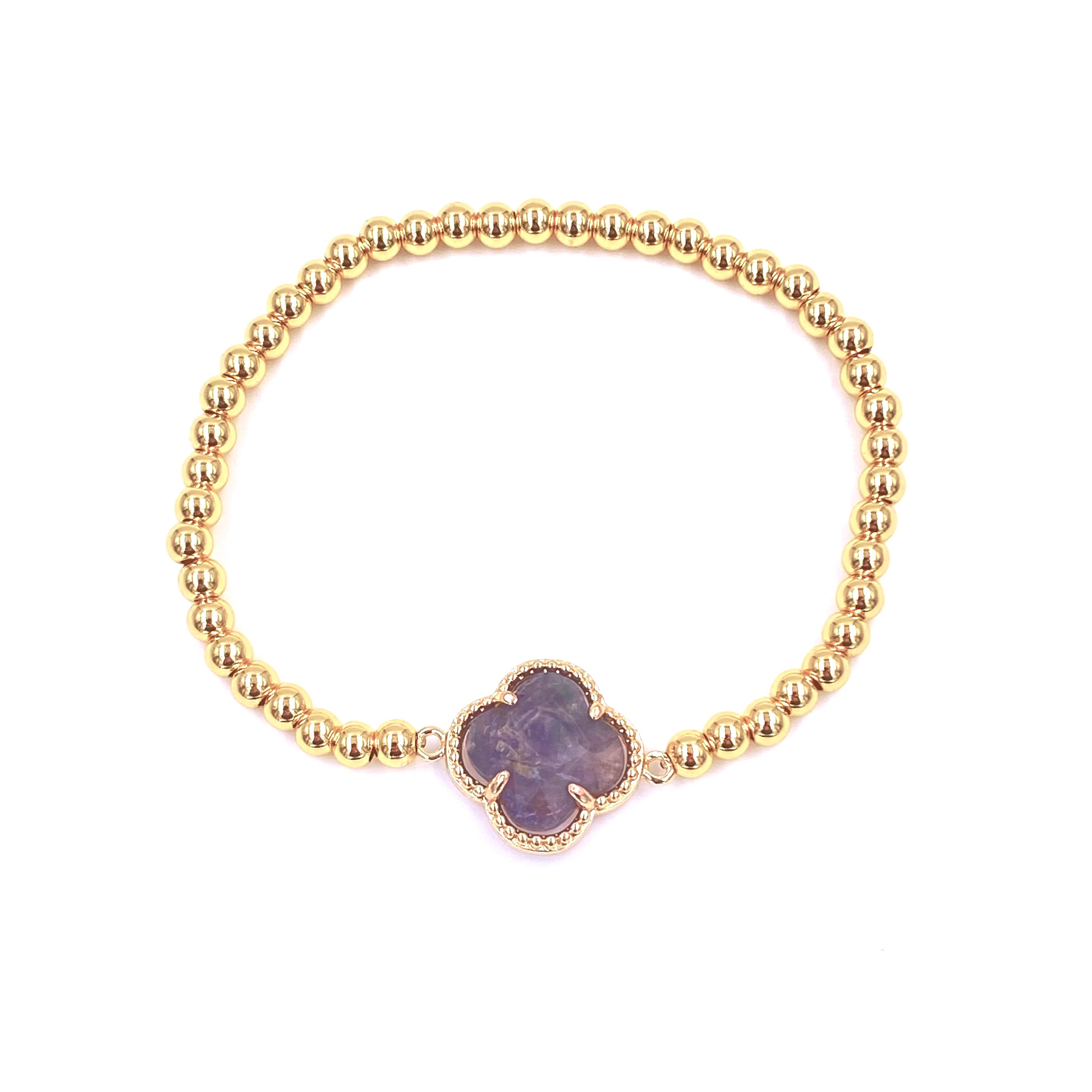 Ashley Gold Stainless Steel Gold Plated Semi-Precious Clover Ball Beaded Stretch Bracelet for Women - Perfect for Parties, Weddings & Everyday Wear