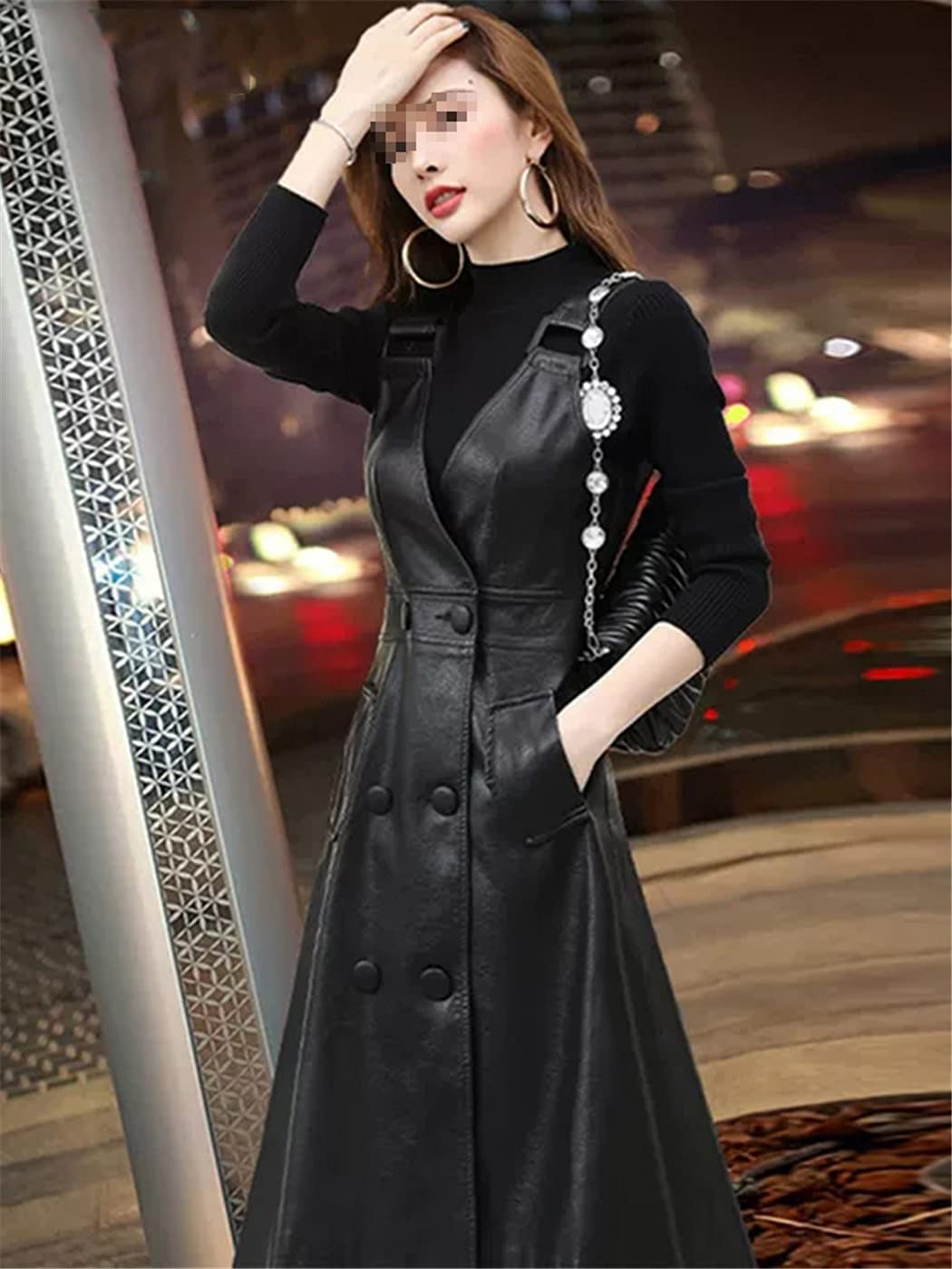 Elegant Women's Summer Long PU Leather Dress - Korean Style Strap Midi Faux Leather Dress for Office, Party & Date Night Outfits