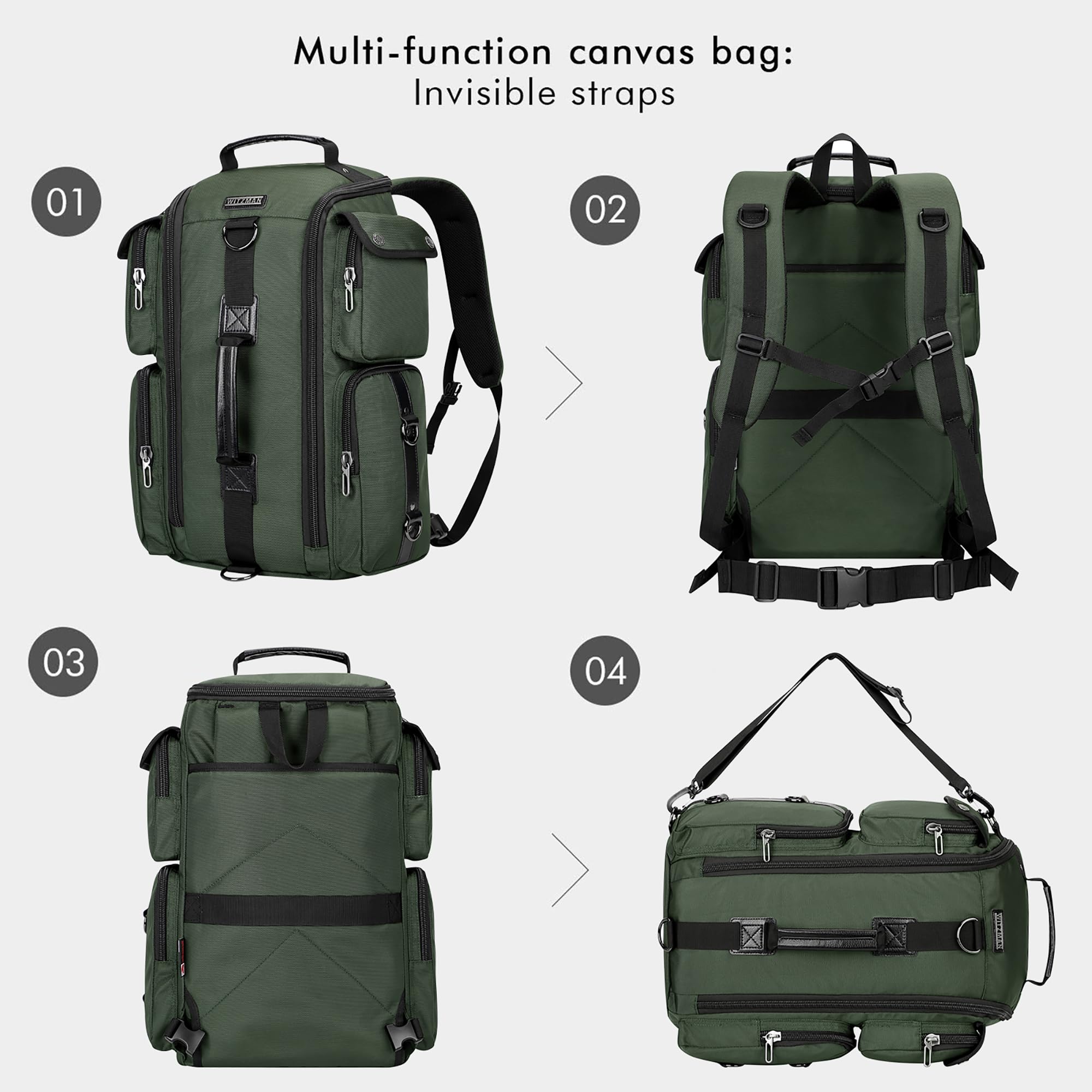 WITZMAN Large Travel Backpack for Men - 17 Inch Carry On Backpack with Laptop Compartment, Durable Duffel Bag (6695 Army Green) - Perfect for Business Trips, Hiking & Airplane Travel