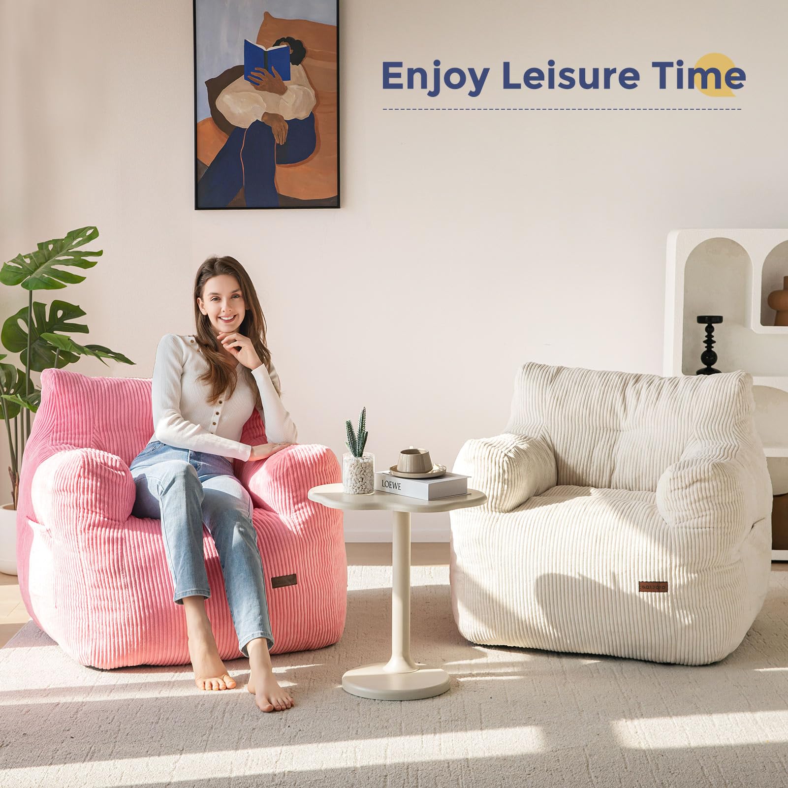 MAXYOYO Tufted Corduroy Bean Bag Chair with Filler - Comfortable Lazy Couch for Adults & Teens in Beige | Perfect for Living Room, Bedroom & Dorm Relaxation