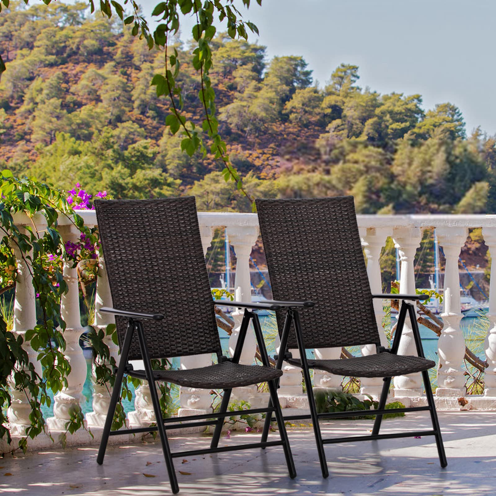 PHI VILLA Outdoor Wicker Dining Chairs Set of 2 - Adjustable Folding Patio Chairs with Cushions, All-Weather Rattan Furniture for Deck, Porch, Poolside, Backyard & Garden - Perfect for Dining, Lounging and Entertaining Guests