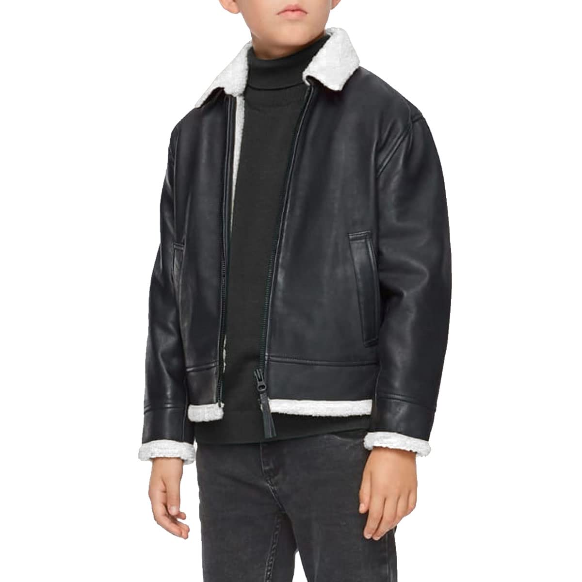 Stylish Black Leather Jacket for Boys with White Fur Trim - Trendy Winter Outerwear for Kids | Perfect for School, Parties & Outdoor Adventures