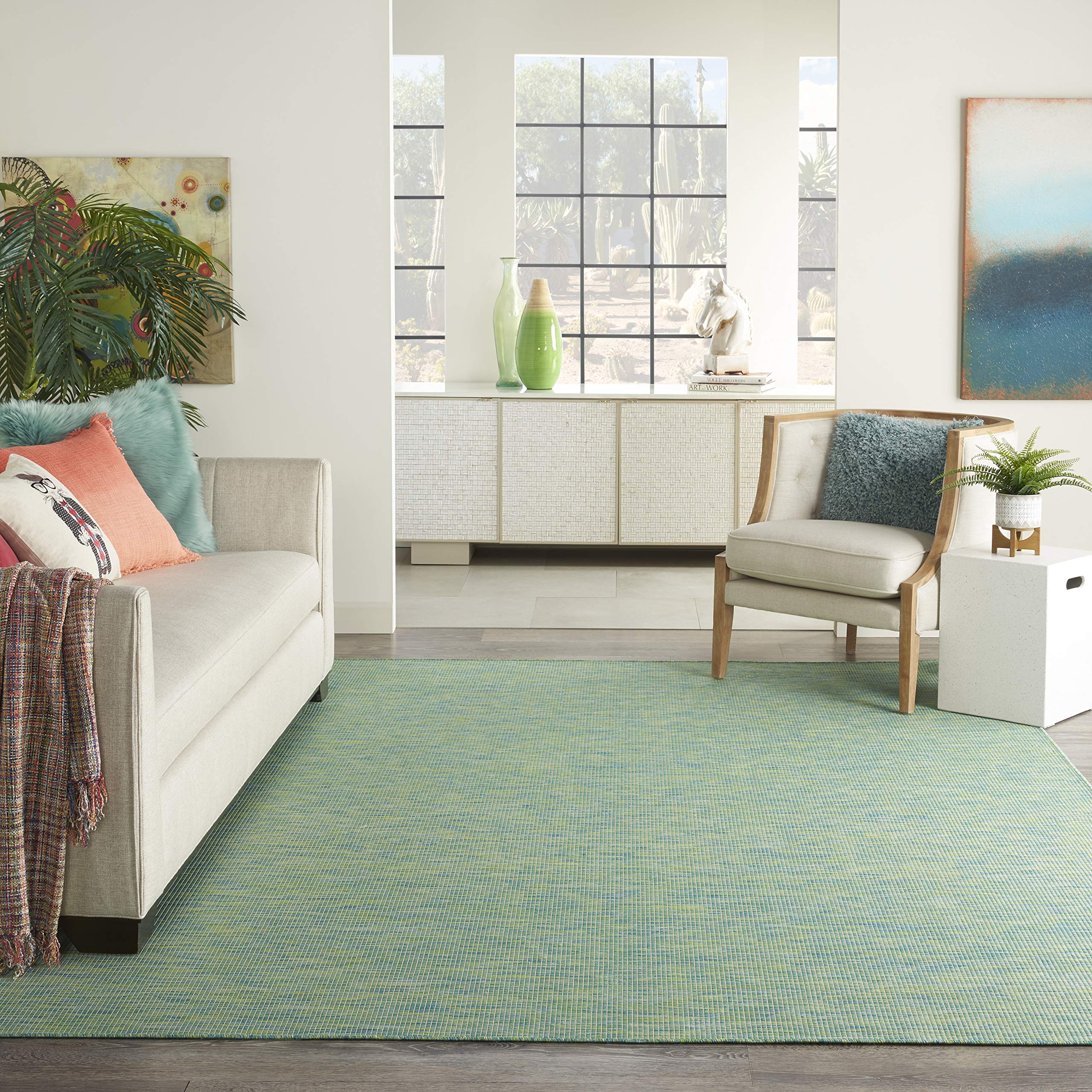 Nourison Positano 9' x 12' Indoor/Outdoor Area Rug - Blue & Green Striped Design, Easy to Clean, Non-Shedding, Stain Resistant | Perfect for Living Room, Bedroom, Dining Room, Backyard, Deck & Patio Decor (9x12)