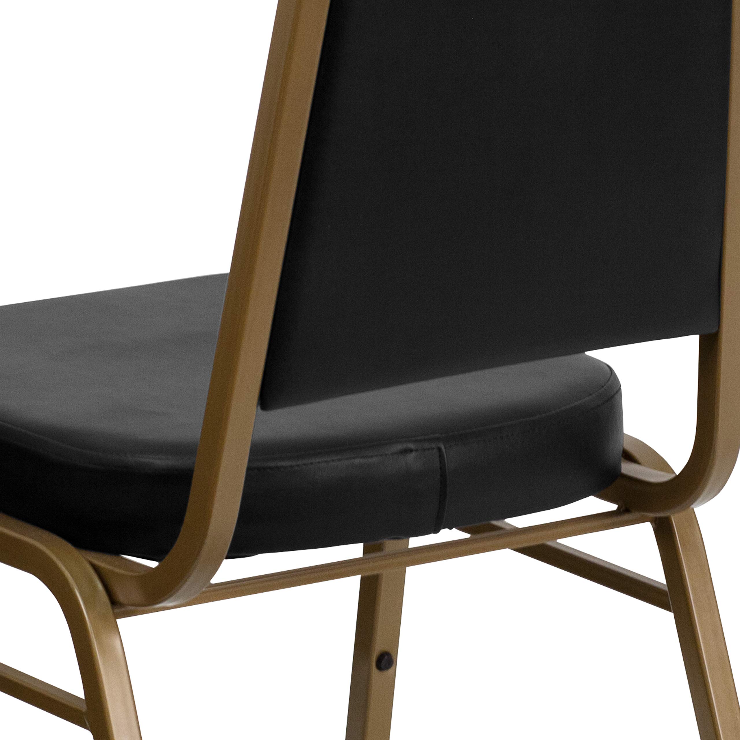4 Pack Black Vinyl Trapezoidal Stacking Banquet Chairs with Gold Frame - Perfect for Weddings, Events, and Conference Room Seating