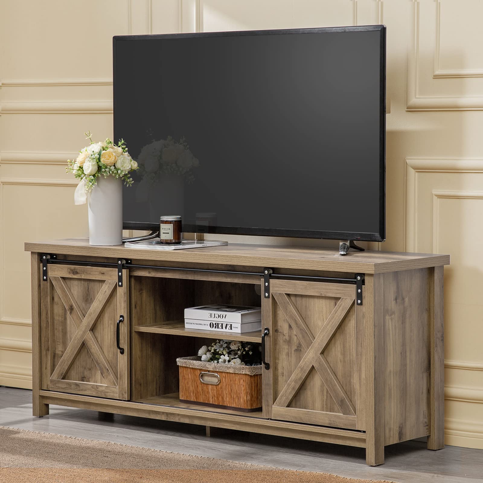 Rustic Farmhouse TV Stand with Sliding Barn Doors - 65 Inch Media Console with 2-Tier Storage Cabinets - Light Grey Entertainment Center for Living Room & Bedroom - Perfect for Home Theater Setup & Farmhouse Decor
