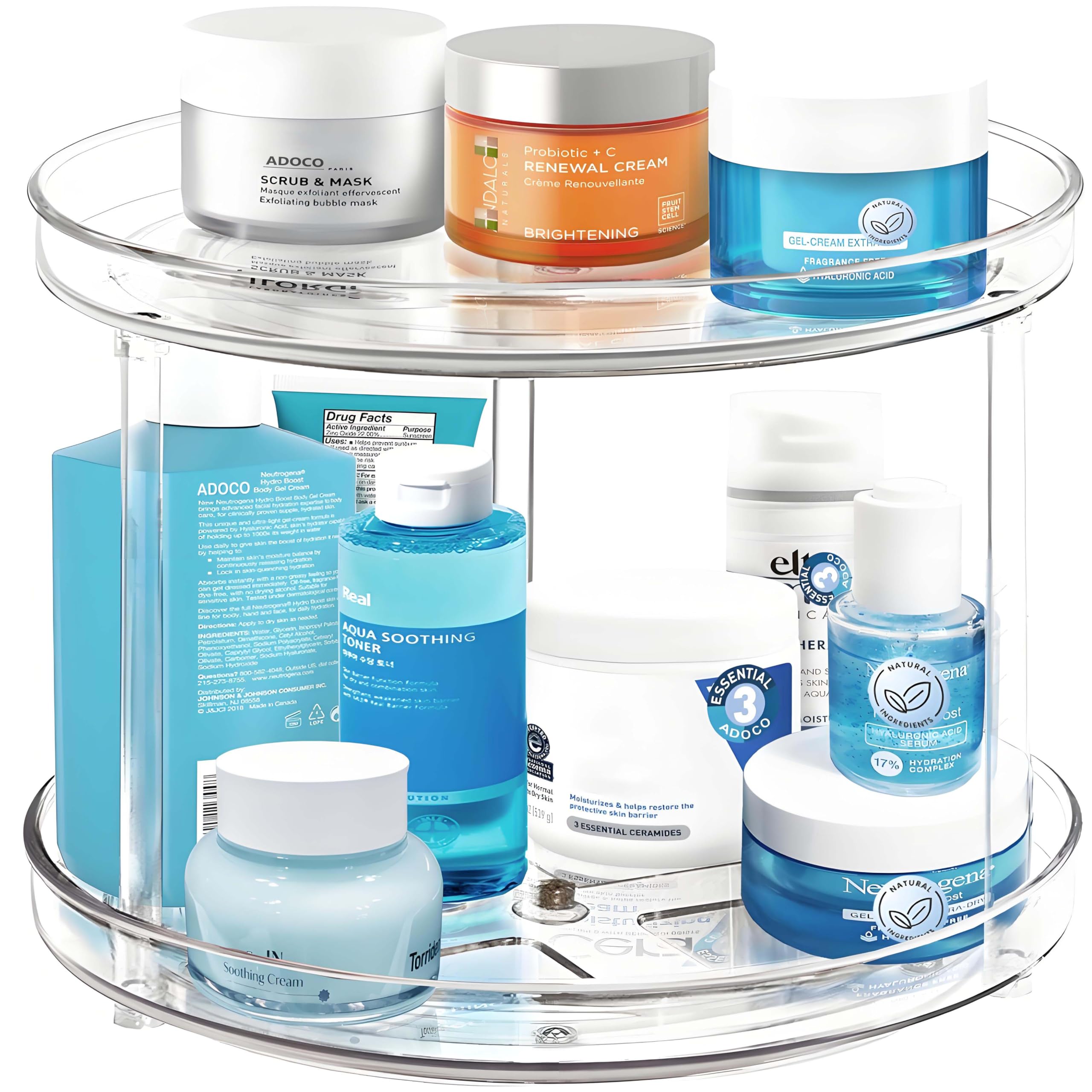 2 Tier Lazy Susan Bathroom Organizer - 9.25 Inch Clear 360° Rotating Makeup Organizer for Vanity, Skincare & Perfume Storage, Spice Rack for Cabinet - Perfect for Home Organization, Bathroom Counter & Kitchen Pantry Storage