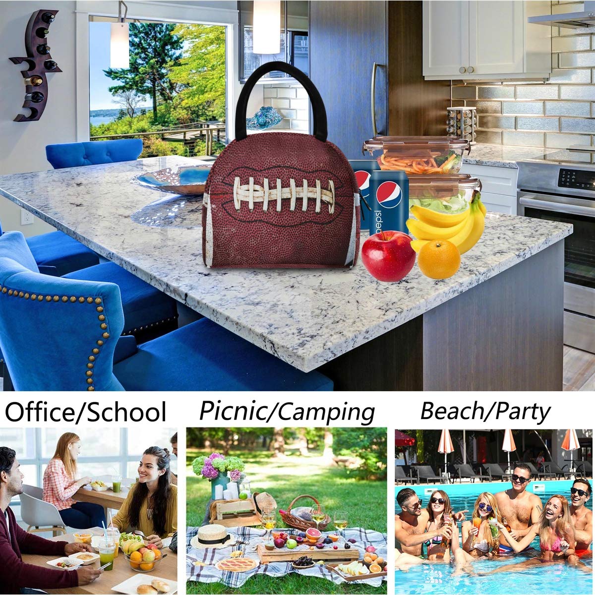 Lifelike American Football Skin Print Insulated Lunch Tote Bag - Reusable Thermal Cooler with Front Zipper Pocket for Work, Picnic, Travel, Beach & Fishing | Perfect for Office Meals, Outdoor Adventures & Sports Events