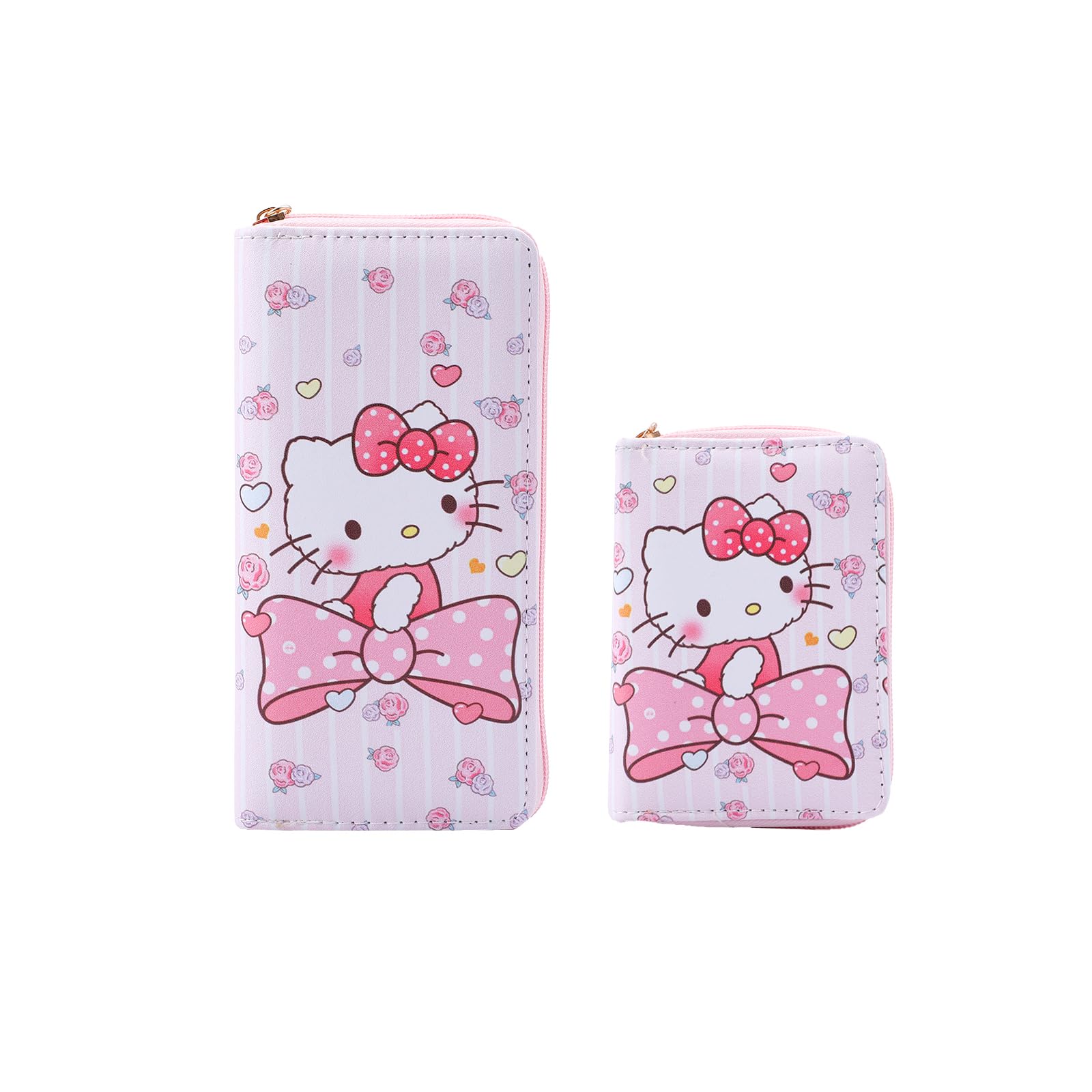 G-Ahora 2PCS Pink Cartoon Purse Kawaii Anime Wallet Cute Faux Leather Wallet for Girls & Women - Perfect for School, Travel, and Everyday Use (2WC-Pink Kitty)