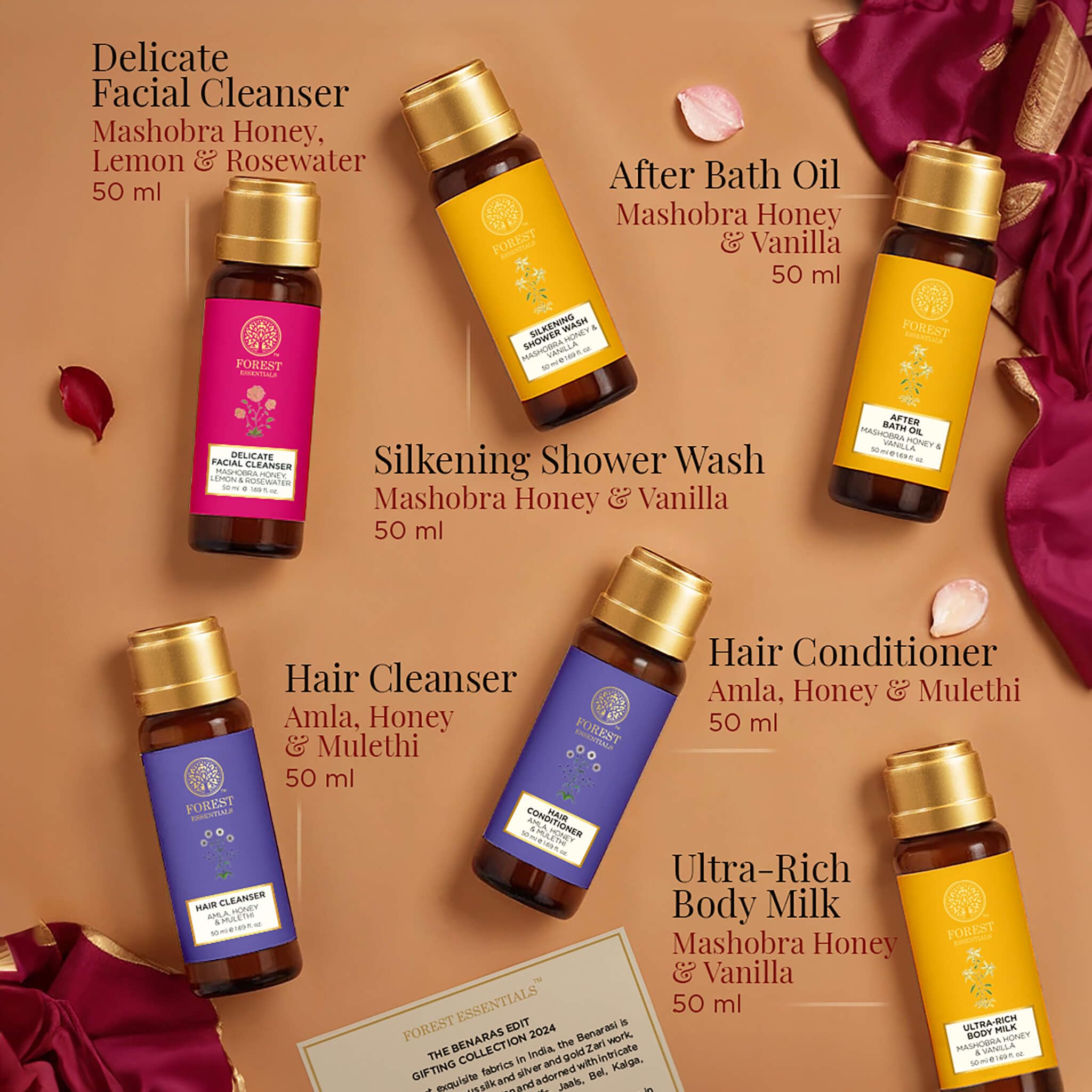 Forest Essentials Miniature Gift Set - 6 Piece Face, Body & Hair Care Kit with Face Wash, Shower Gel, Bath Oil, Body Lotion, Shampoo & Conditioner | Perfect Spa Gift for Women, Birthday & Holiday Present | Luxury Skincare & Pampering Set for Relaxation & Self-Care
