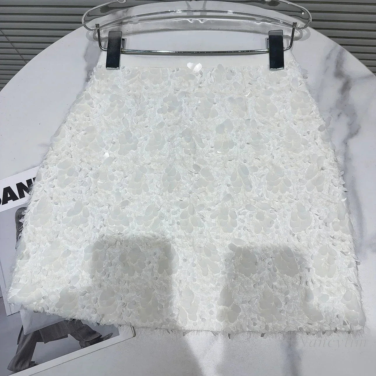 Elegant White A-Line Skirt for Women - Chic Sequined Tweed Short Skirt | Autumn Fashion, Celebrity Style | Perfect for Parties, Dates & Office Wear