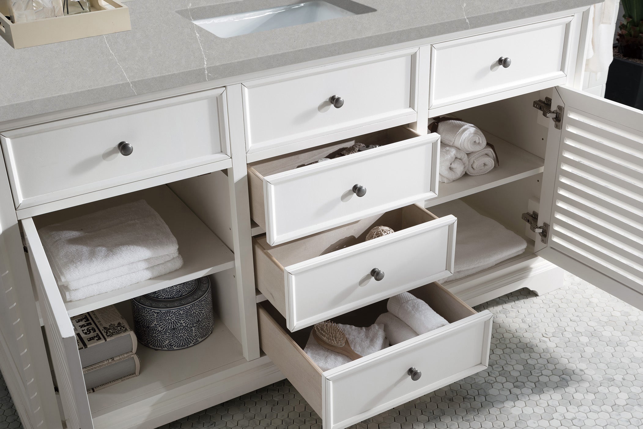 Savannah 60 Inch Single Bathroom Vanity Cabinet in Bright White with 3CM Eternal Serena Quartz Countertop - Perfect for Modern Master Bathrooms & Guest Bathroom Remodels