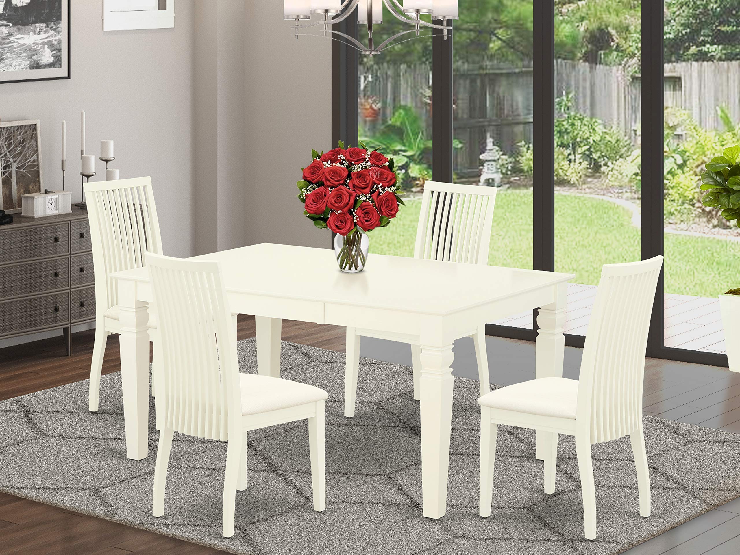 East West Furniture WEIP5-WHI-C 5-Piece White Linen Dining Set with Extendable Table & 4 Upholstered Chairs, 42x60 Inch - Perfect for Small Kitchens, Breakfast Nooks & Cozy Family Meals