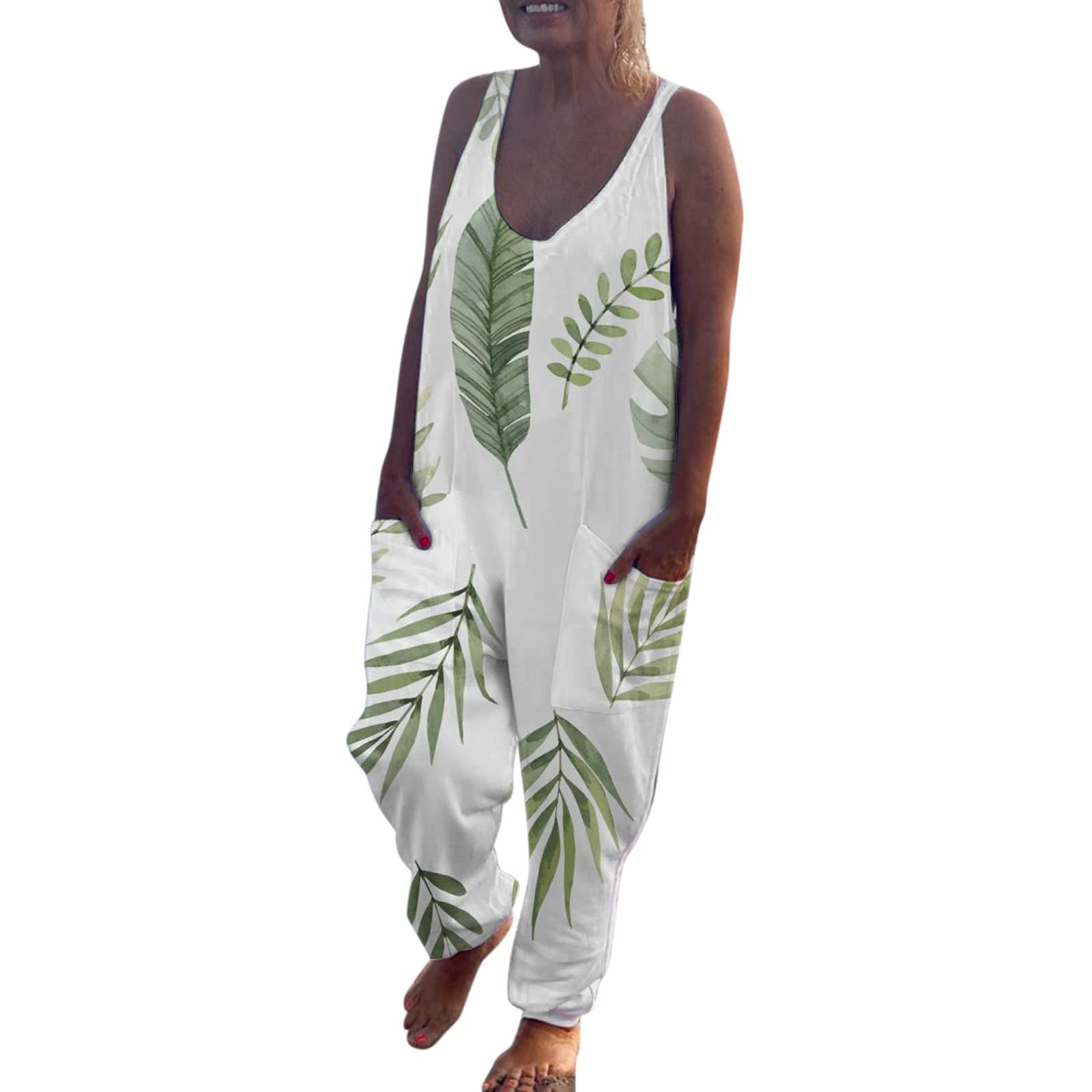 Women's Floral Print Sleeveless Jumpsuit - V Neck Casual Romper with Pockets, Loose Fit Summer Outfit (Green, XL) | Perfect for Beach Vacations, Outdoor Parties & Daily Wear