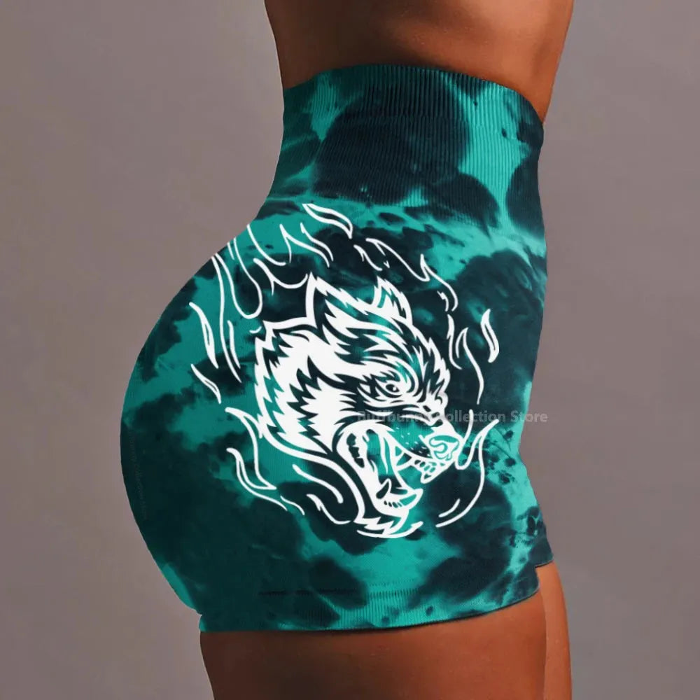 She Darc Wolf Tie Dye Scrunch Shorts for Women - Seamless Yoga Shorts, Breathable Workout Shorts with High Waist for Running, Gym & Summer Activities
