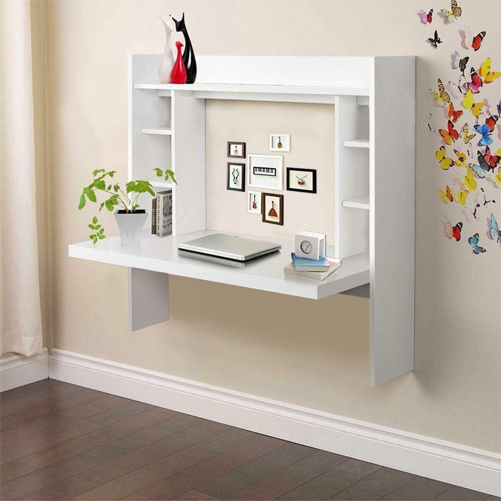Wall Mounted Floating Computer Desk with Storage - Space Saving Compact Workstation for Small Spaces - Home Office Desk for Bedroom & Living Room - White - Perfect for Apartments, Dorms & Tiny Homes