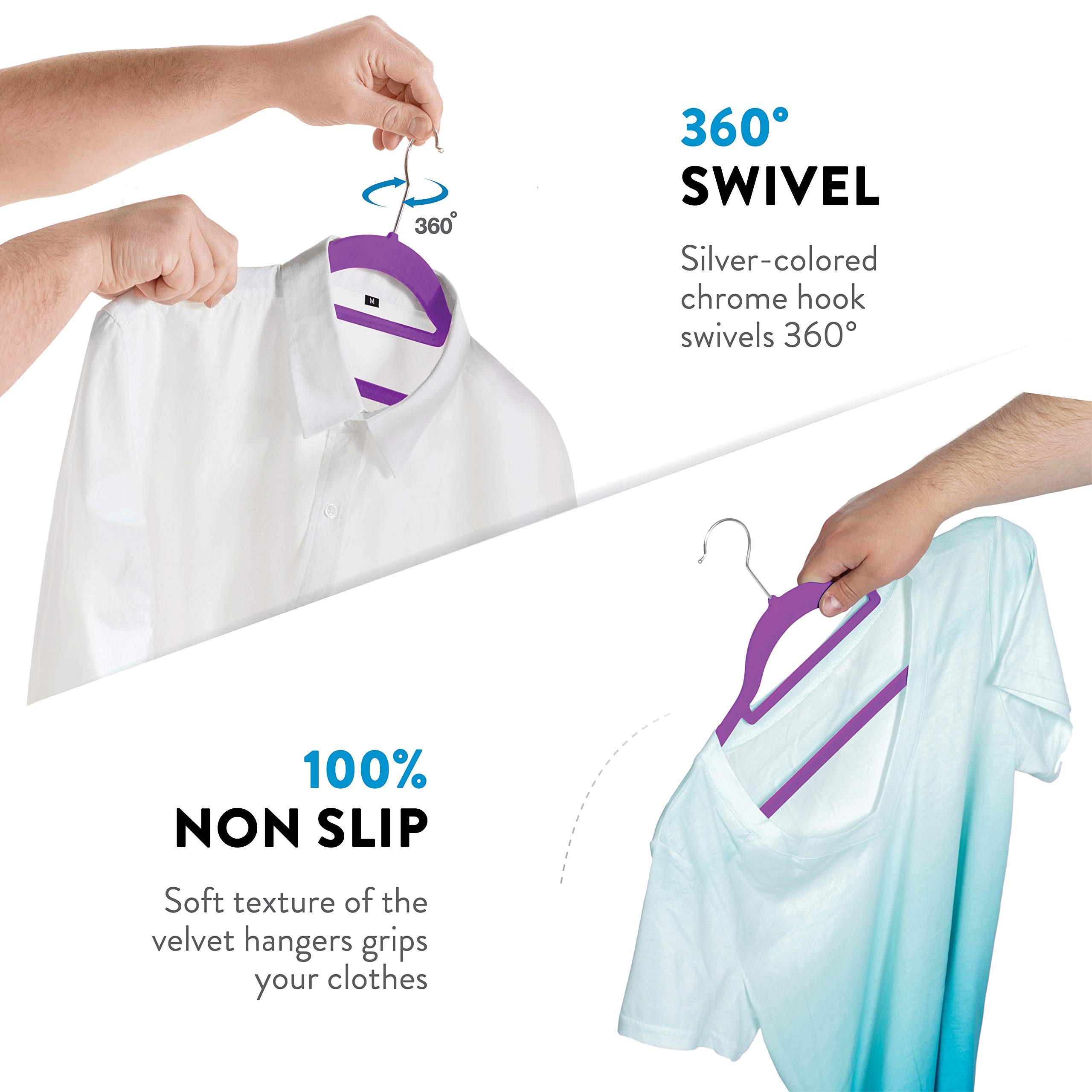 Zober 20-Pack Velvet Hangers with Tie Bar - Non-Slip Swivel Hook Slim Felt Clothes Hangers for Suits, Pants, Coats & Dresses - Space Saving Wardrobe Organization (Purple) - Perfect for Closet, Travel & Dry Cleaning Storage
