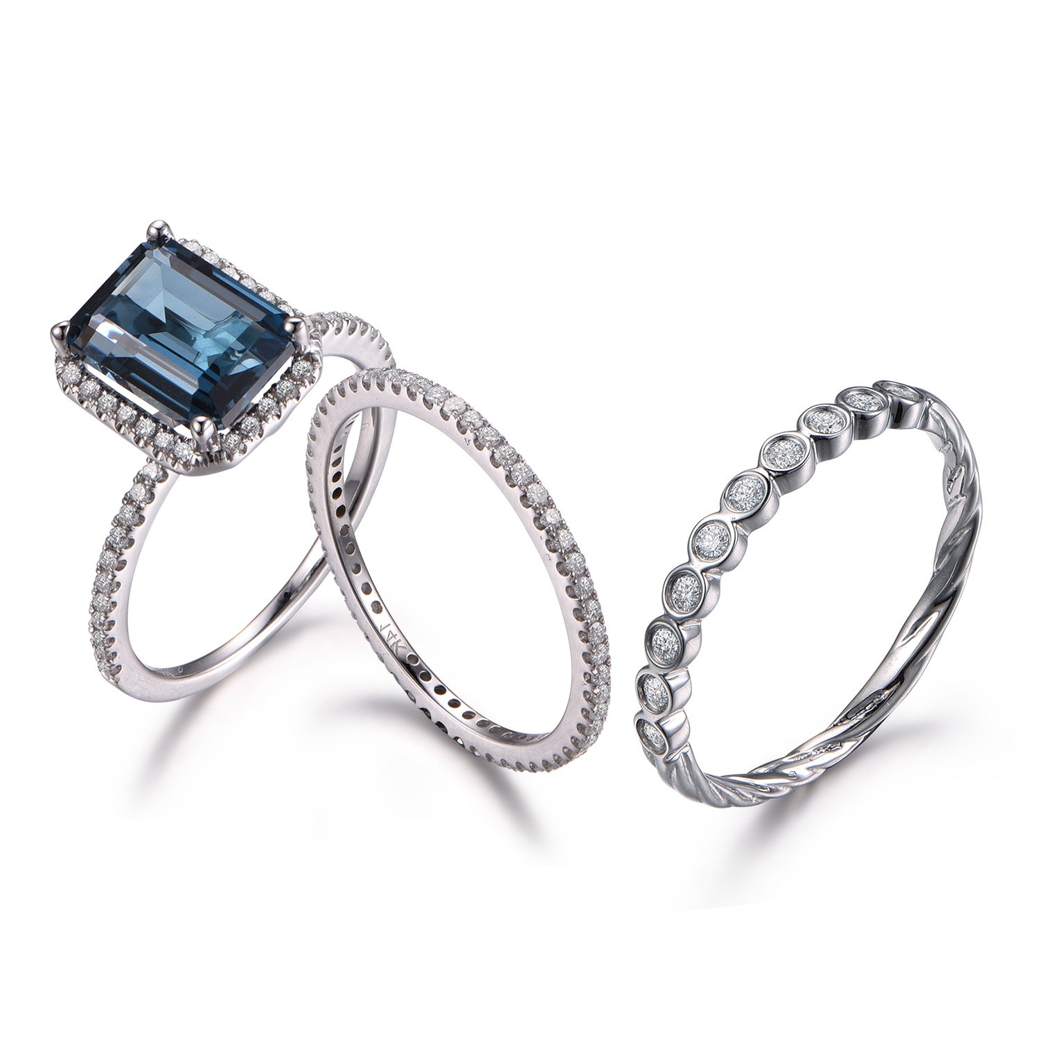 London Blue Topaz Wedding Ring Set – 6x8mm Emerald Cut Engagement Ring with Eternity Band & Bezel Twist Design – Perfect for Proposals, Anniversaries, and Bridal Jewelry