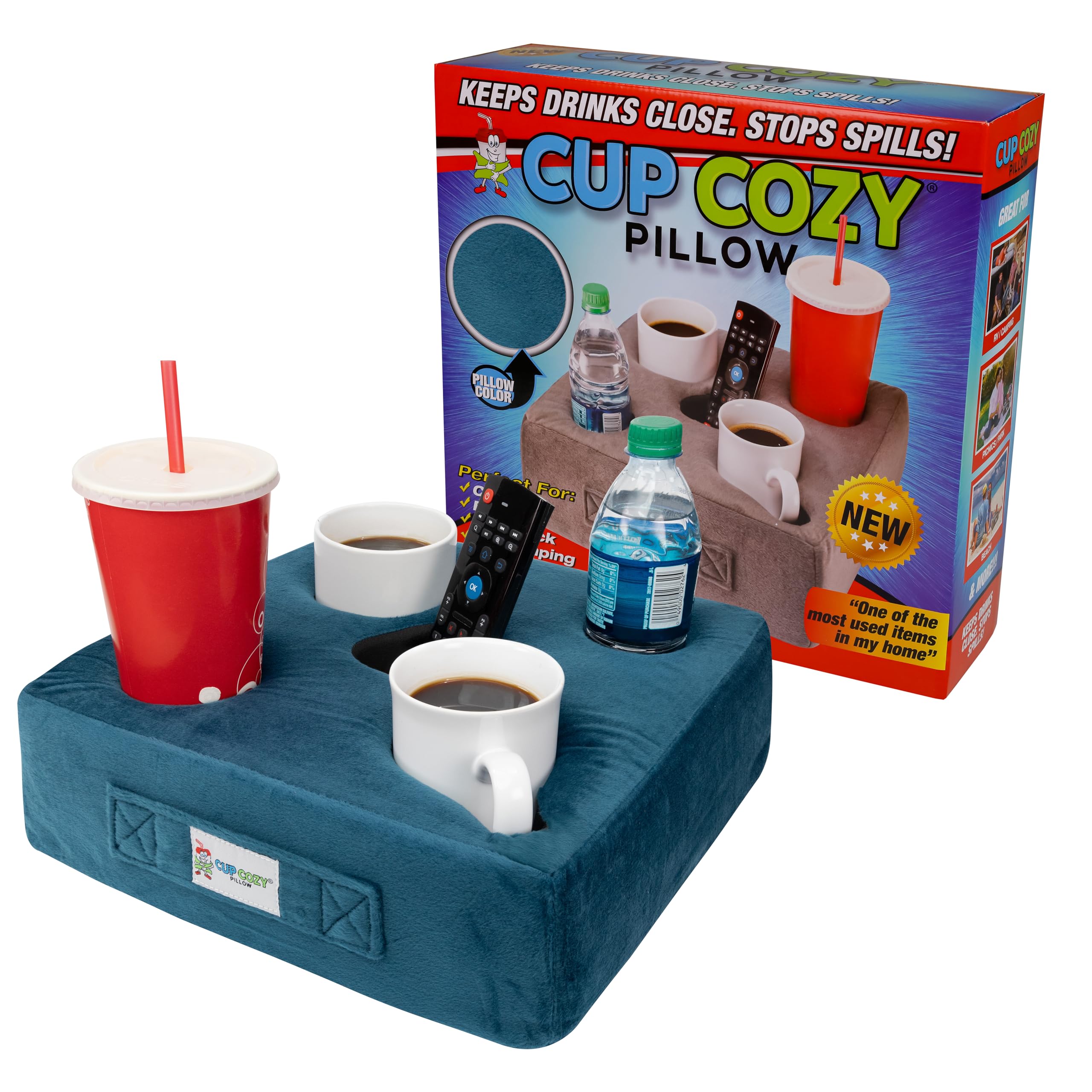 Original Cup Cozy Pillow - Gray Multi-Purpose Drink & Snack Holder for Couch, Bed, Car (As Seen on TV) - Perfect for Beverages, Snacks & Remote Control Storage - 5-Hole Design in Teal Color - Ideal for Movie Nights, Road Trips & Relaxing at Home