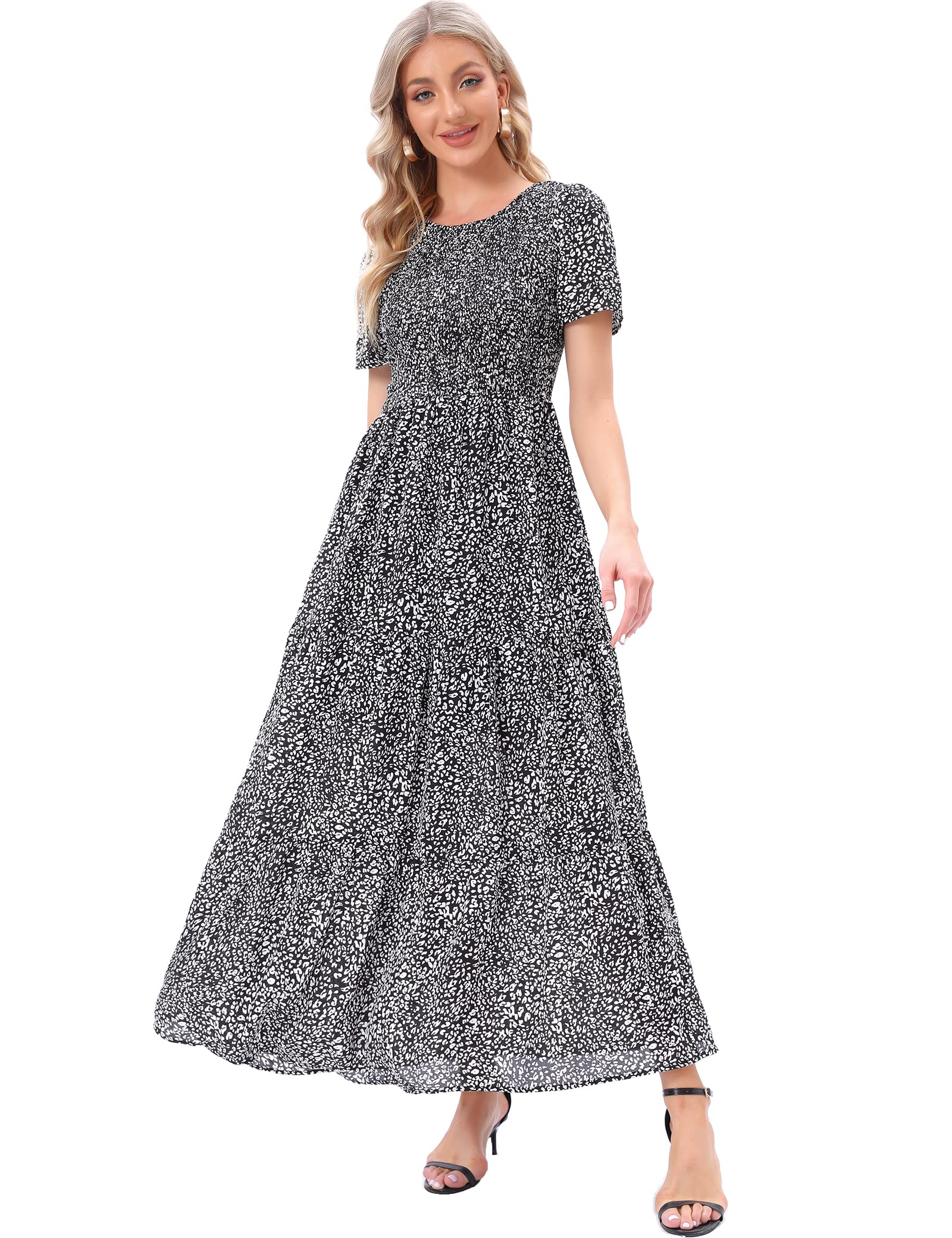MANAIXUAN Women's Floral Print Summer Maxi Dress - Short Sleeve A-Line Tiered Sun Dress for Beach, Party & Vacation | Casual Long Dress for Women