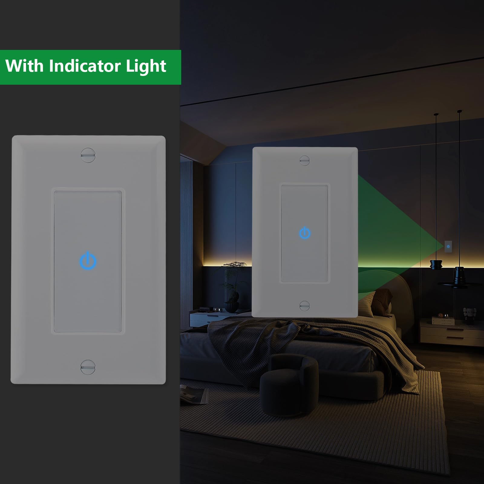 Wengart 1Pack White ETL Listed Capacitive Touch Light Switch with LED Indicator - Compatible with 480W Tungsten/Incandescent & 150W LED Bulbs - Perfect for Bedroom, Living Room, and Office Lighting Control