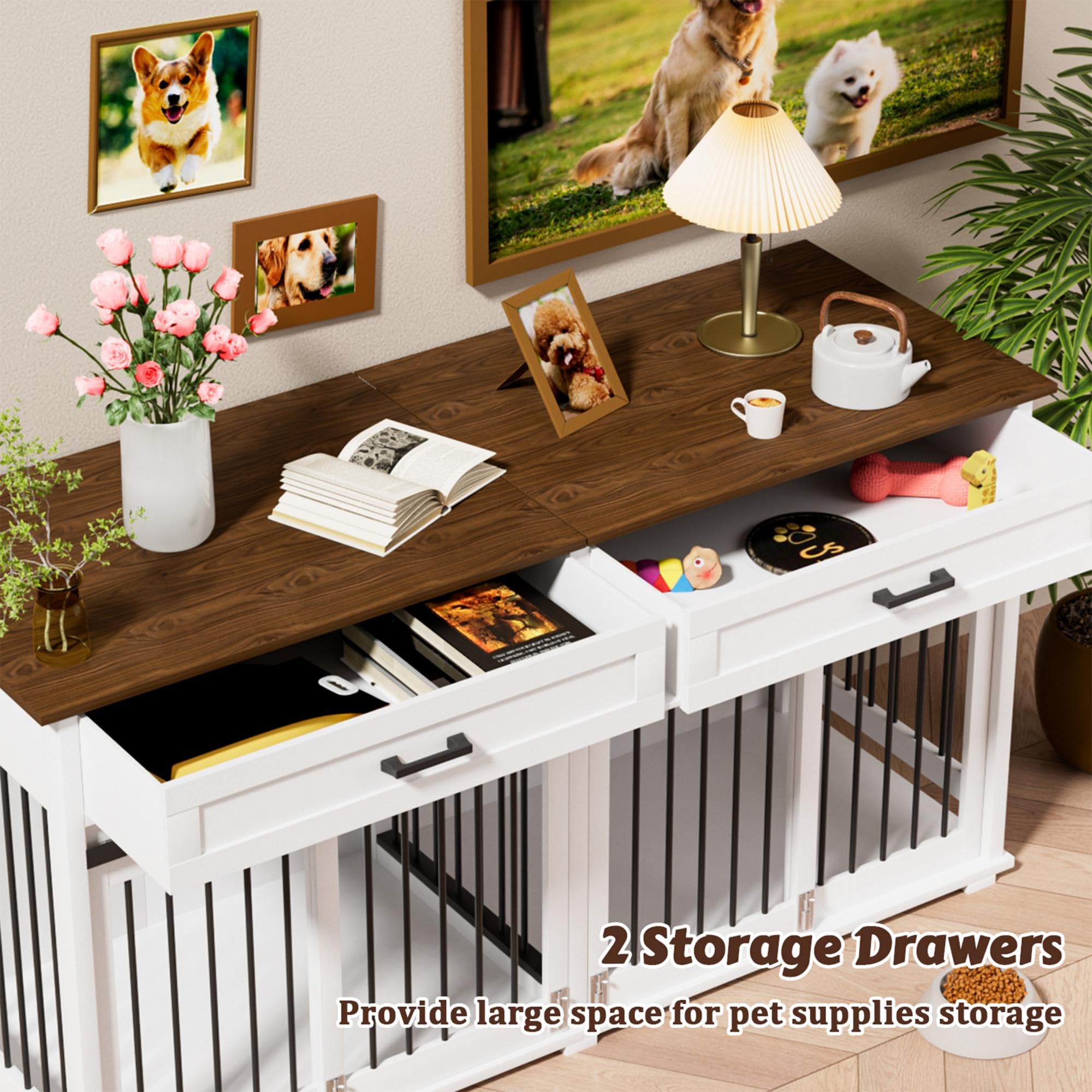 MUPATER Large Dog Crate Furniture for 2 Dogs - Double Wooden Dog Cage Table with Removable Divider, 2 Storage Drawers & Safety Locks | Indoor Pet Kennel Furniture for Living Room, Bedroom & Office (White)
