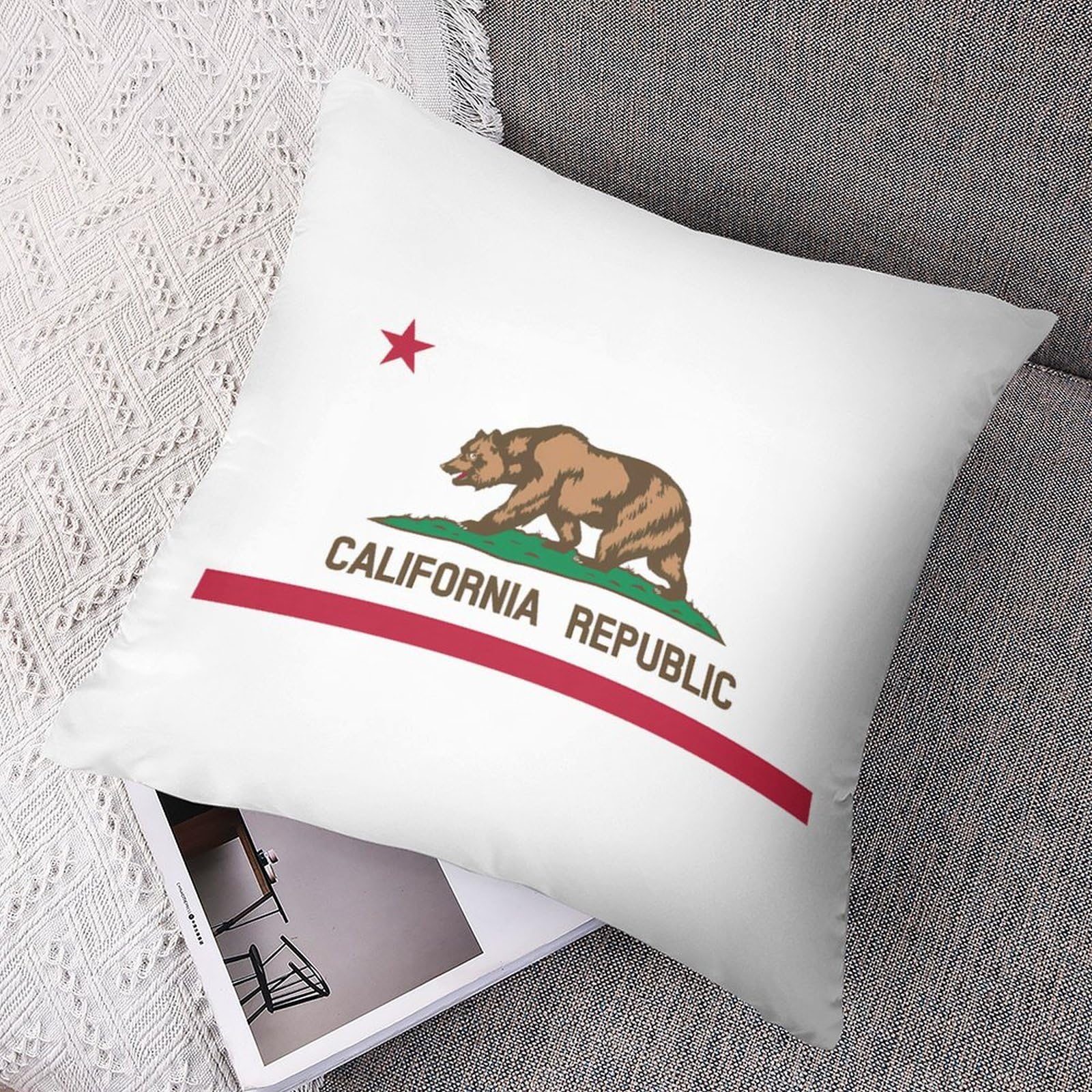 California Bear Flag Polyester Pillow Cases - Soft 14x14 Inch Decorative Pillow Covers for Sofa, Bed & Home Decor | Durable & Smooth Cushion Covers for Living Room, Office & Outdoor Use
