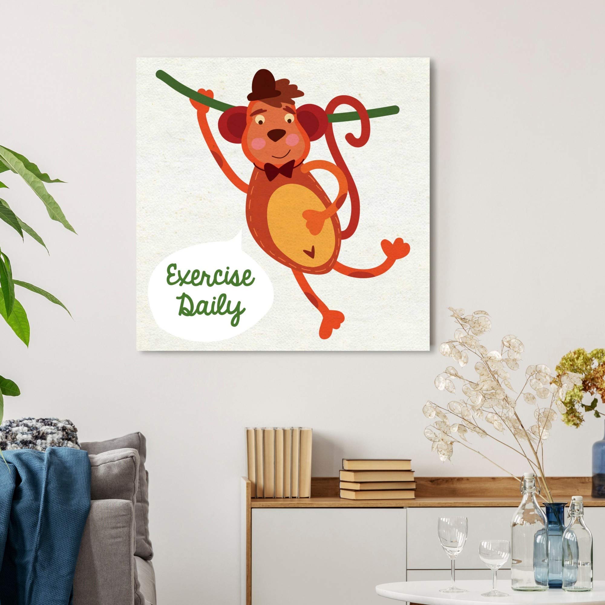 Oliver Gal Artist Co. 'Monkey Exercise' Kids Wall Art - 24x24 Inch Typography Canvas Print for Children's Room Decor in Brown & Green | Playful Nursery, Bedroom & Playroom Decor