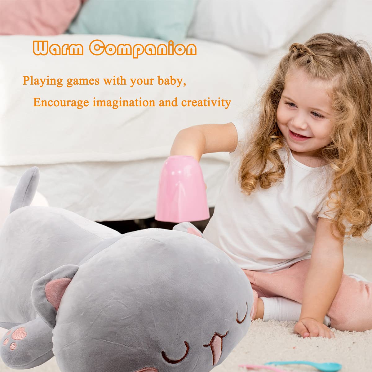 Soft Anime Kitten Plush Toy - 25.5 Inch Gray Squinting Eyes Stuffed Animal, Cute Hugging Pillow for Kids & Cat Lovers | Perfect for Bedroom Decor, Gift Giving, and Stress Relief