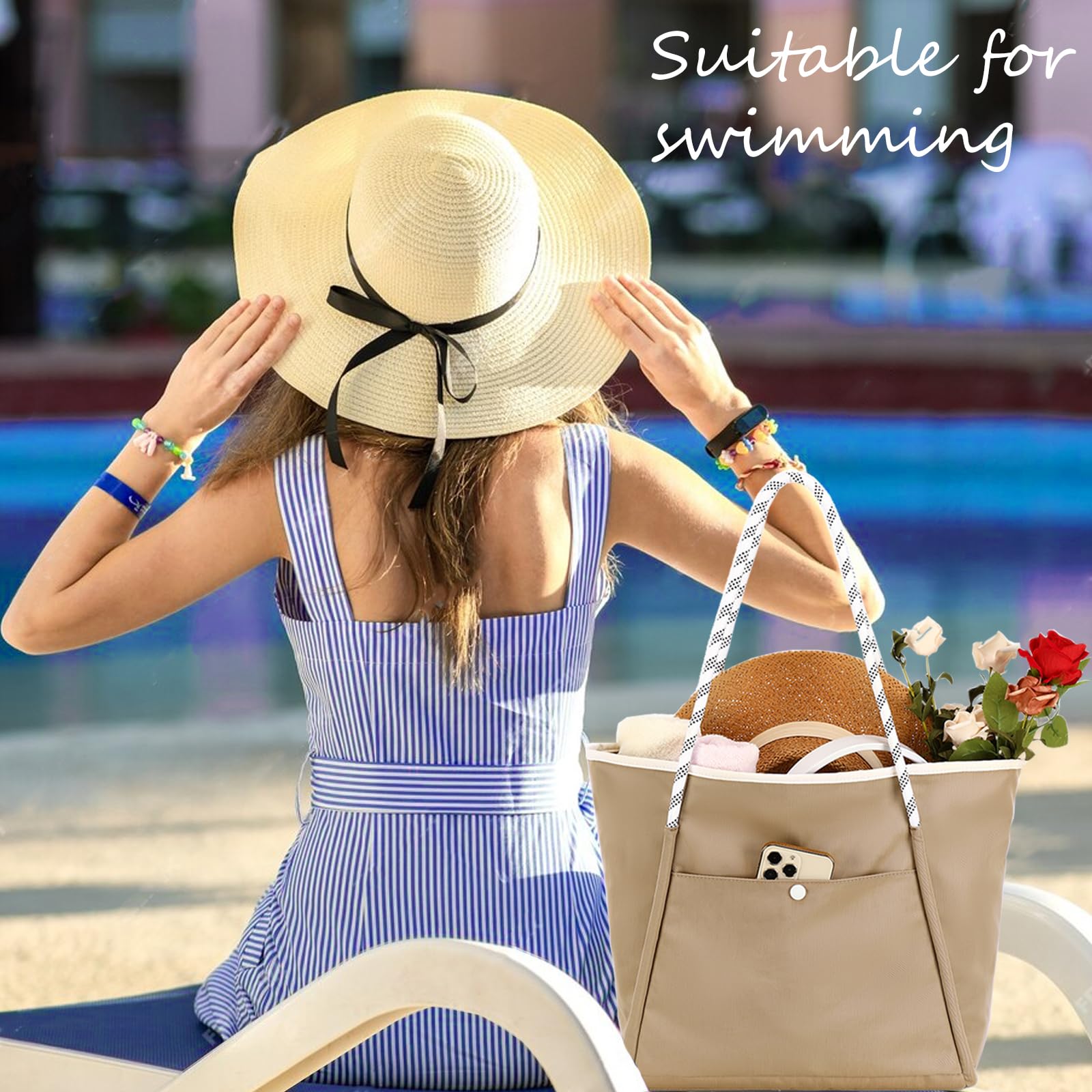 BTOOP Waterproof & Sandproof Beach Tote Bag for Women - Large Zippered Pool Bag for Vacation, Travel & Holiday - Perfect for Beach Trips, Swimming & Summer Outings