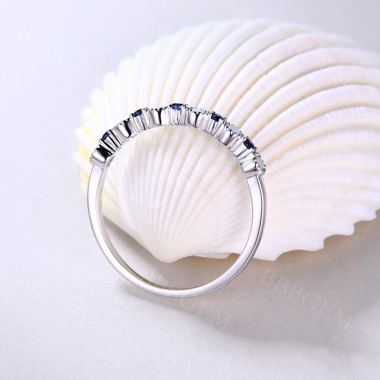 Dainty Round Cut Opal & Sapphire Wedding Band - Milgrain Detailing in Rose Gold - Perfect for Engagement, Anniversary & Bridal Jewelry Gifts
