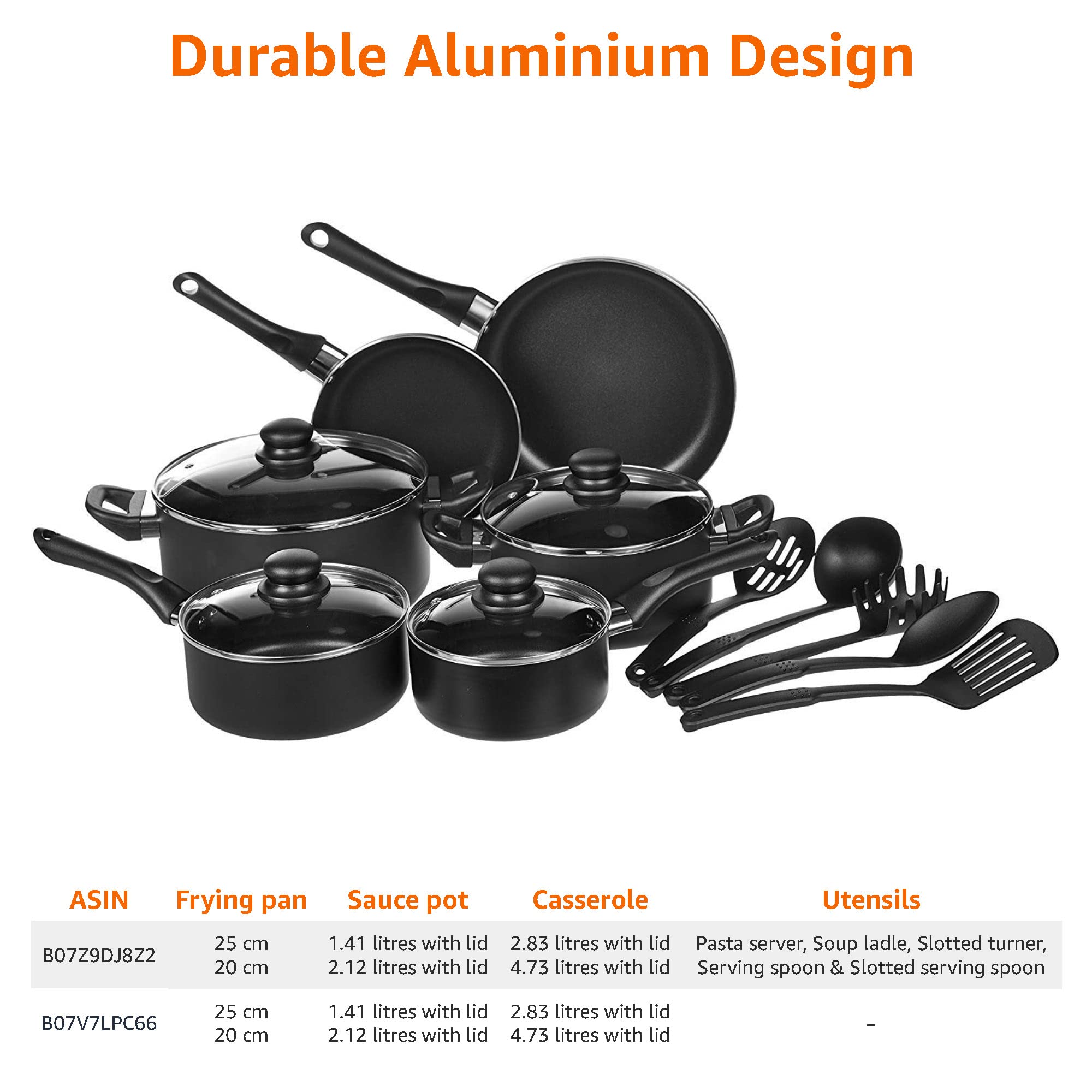 Amazon Basics Non-Stick 15-Piece Cookware Set with Pots, Pans & Utensils + 16-Piece White Dinnerware Set (Plates, Bowls, Mugs) - Service for 4 | Perfect for Family Dinners, Entertaining Guests & Everyday Cooking