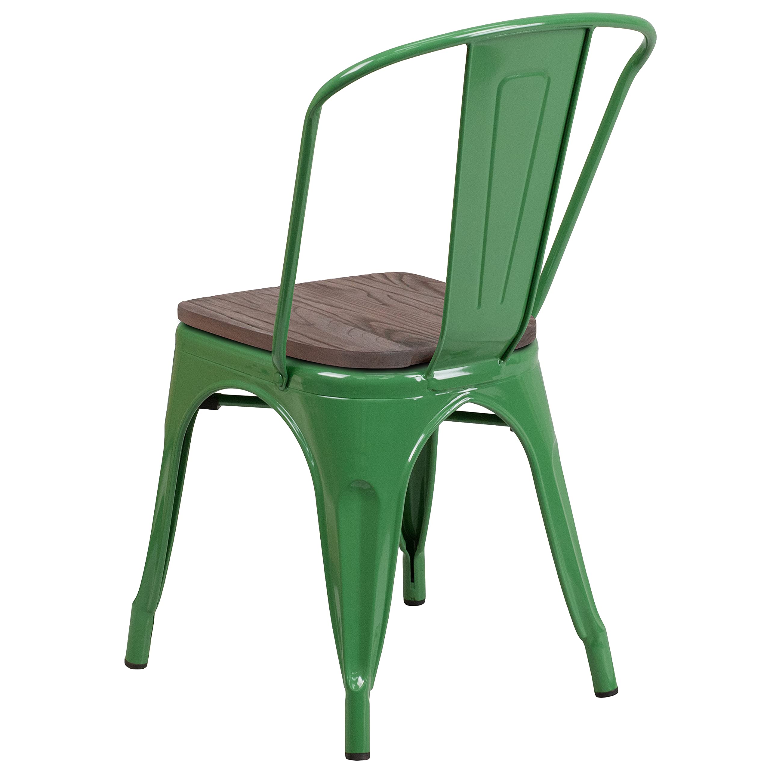 4 Pack Green Metal Stackable Chairs with Wood Seat - Commercial Restaurant & Bistro Chairs - Durable Indoor Outdoor Dining Chairs for Cafe, Patio, Kitchen, and Home Decor